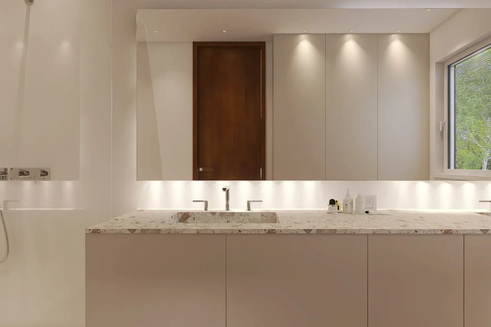 mimimal modern bathroom with terazzo custom made sink and vanity cupboards